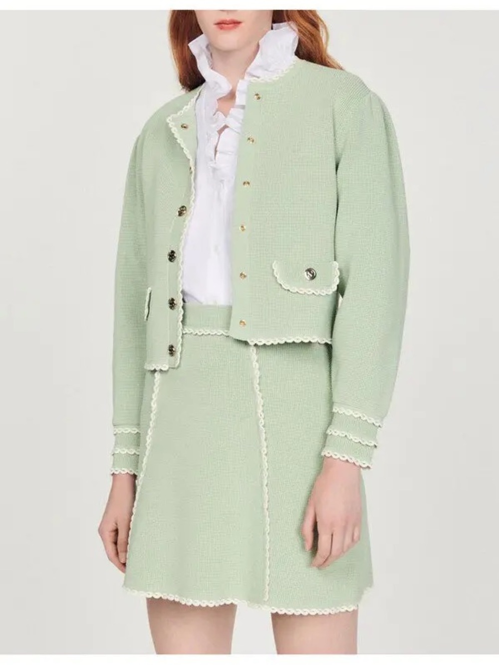 Sandro fancy Stitch Knitted Analouise Contrast Trim Cardigan In Light Green